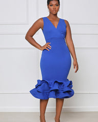 Women's Ruffled Trim Bodycon Midi Dress