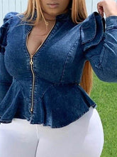 Women Plus Size Denim Zipper Long Sleeve Coat