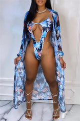 Sexy Print Hollowed Out Cardigan Swimwears