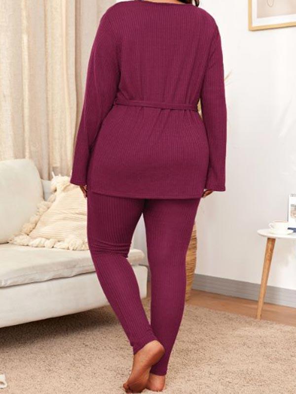 Women Plus Size Solid Color V Neck Long Sleeve Pant Sets
