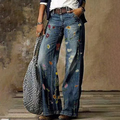 Women'S Printed Wide Leg Denim Pants