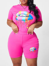 Women Plus Size Lips Print Half Sleeve Casual Short Sets