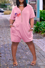 Women's Letter Print Zipper V-Neck Pocket Romper