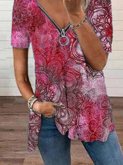 Printed Short Sleeve Casual V Neck Shirts & Tops