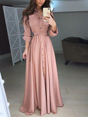 Plus Size Solid Woman Long Sleeve Button Tie Long Maxi Dresses