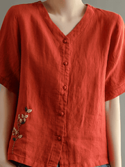 Loose Embroidered V-Neck Short Sleeve T-Shirt