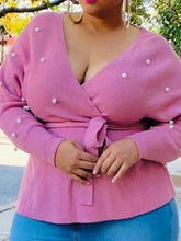 Women Plus Size Bead Solid Color V Neck Long Sleeve Sweaters