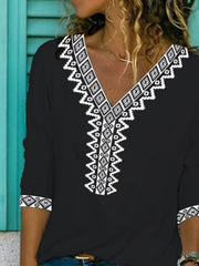 Paisley Half Sleeve Printed Cotton-blend V neck Vintage Summer Black Top