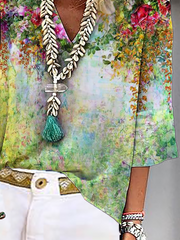 Plus size Floral V Neck Shirts & Tops