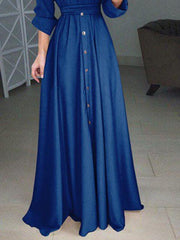 Plus Size Solid Woman Long Sleeve Button Tie Long Maxi Dresses