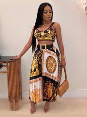 Sexy Lace-trimmed Camisole Print Tank Top And Pleated Skirt Suit