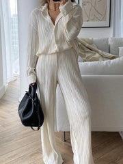 Trendy Ivory Plain Collared Two Piece Set