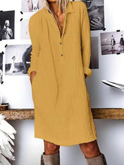 Plain V neck women long sleeve cotton blend Shift dresses