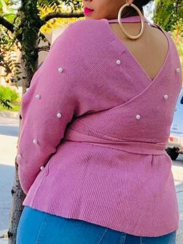 Women Plus Size Bead Solid Color V Neck Long Sleeve Sweaters
