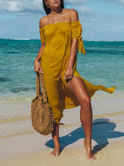 Plain Off Shoulder Chiffon Young Tie Sleeve Long Vacation Dresses