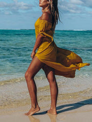 Plain Off Shoulder Chiffon Young Tie Sleeve Long Vacation Dresses