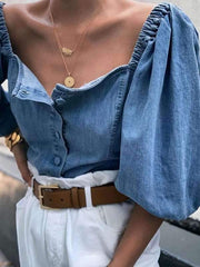 Open-shoulderlantern sleeve denim shirts blouses