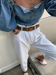 Open-shoulderlantern sleeve denim shirts blouses