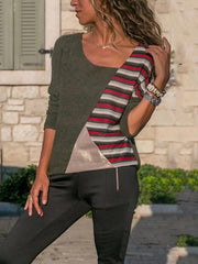 Patchwork Matching Color Stripe Round Collar Long Sleeve casual T-shirt