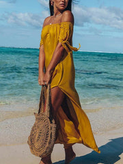 Plain Off Shoulder Chiffon Young Tie Sleeve Long Vacation Dresses
