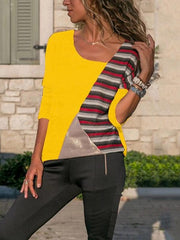 Patchwork Matching Color Stripe Round Collar Long Sleeve casual T-shirt