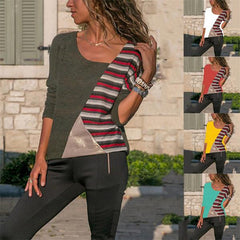 Patchwork Matching Color Stripe Round Collar Long Sleeve casual T-shirt