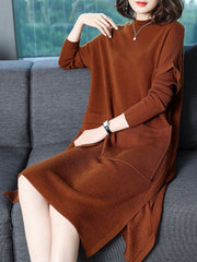 Pockets Slit Casual Solid Shift Knitted Dress