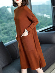 Pockets Slit Casual Solid Shift Knitted Dress