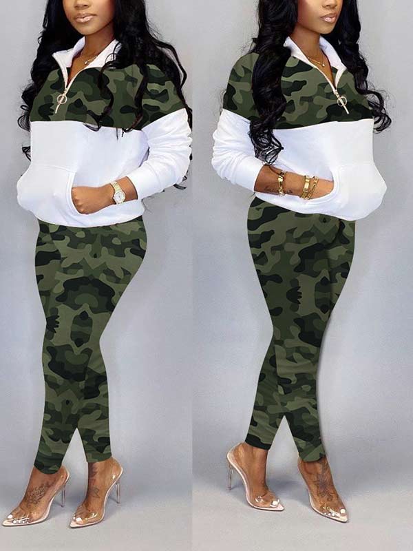 Women Plus Size Camouflage Long Sleeve Casual Two Piece Suits