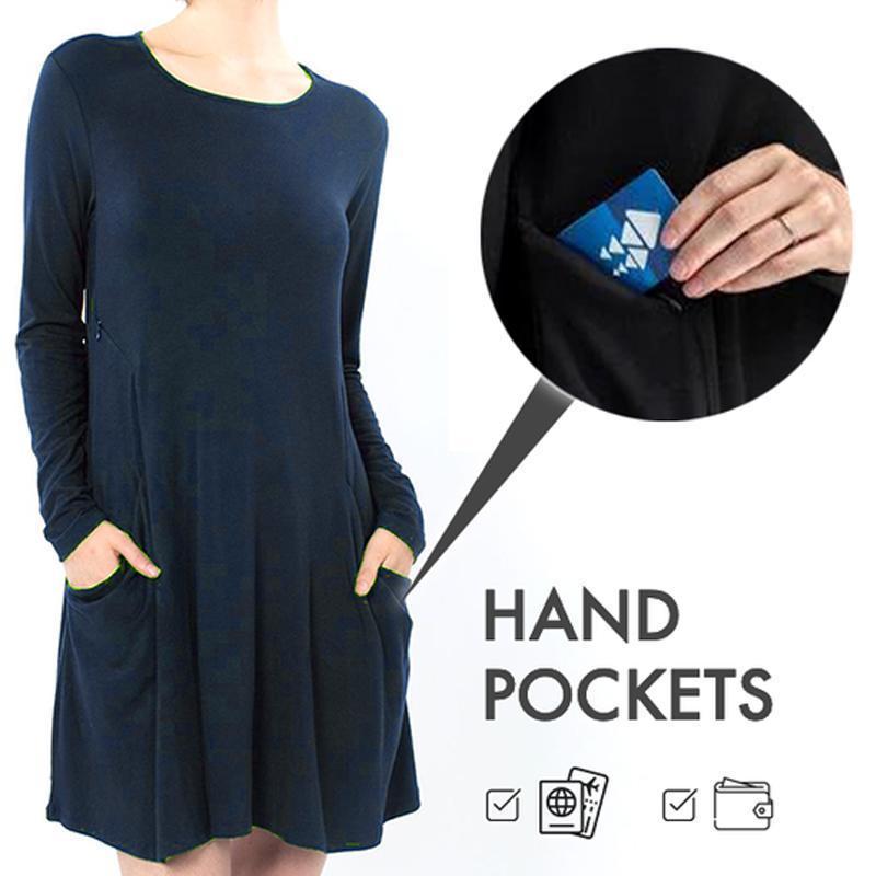 Solid Color Pocket Long Sleeve Dress