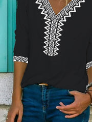 Paisley Half Sleeve Printed Cotton-blend V neck Vintage Summer Black Top