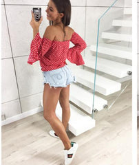 Off-The-Shoulder Puff Sleeve Polka Dot Print Blouses