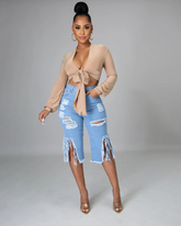 Irregular Ripped Denim Shorts