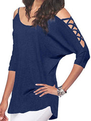 Open Shoulder Round Neck Hollow Out Plain T-Shirts