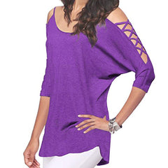 Open Shoulder Round Neck Hollow Out Plain T-Shirts