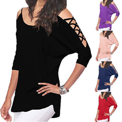 Open Shoulder Round Neck Hollow Out Plain T-Shirts