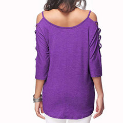 Open Shoulder Round Neck Hollow Out Plain T-Shirts