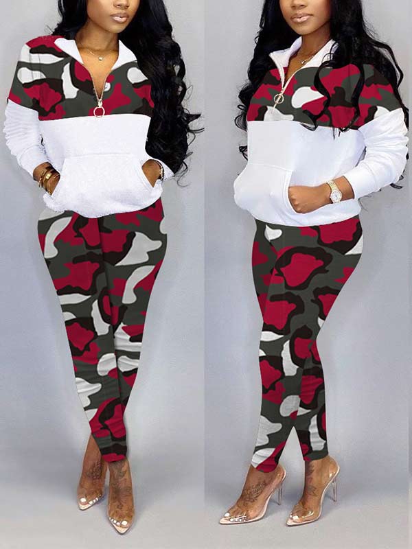 Women Plus Size Camouflage Long Sleeve Casual Two Piece Suits