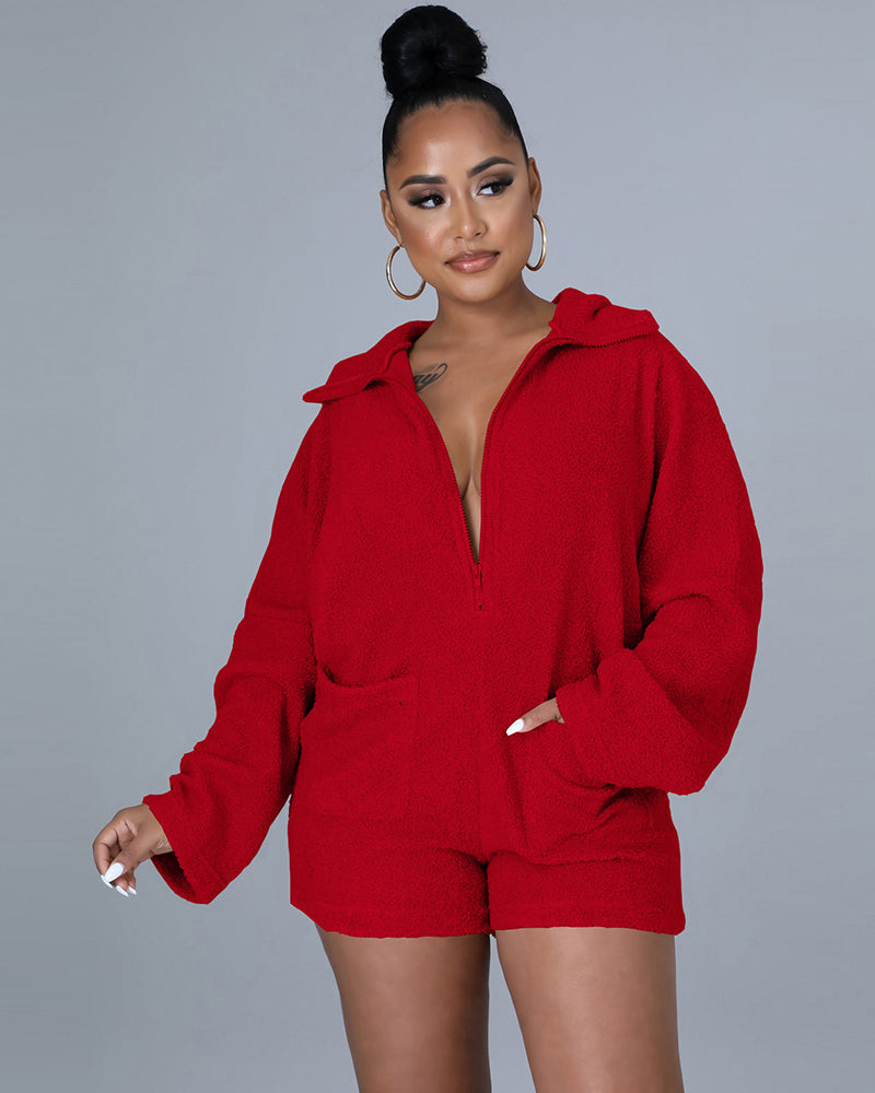 Casual Plush Hooded Romper