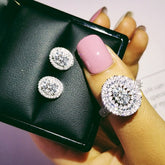 Sterling Silver Jewelry Set Halo Engagement Ring Round Stud Earring For Gift O