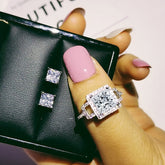 Silver Jewelry Set Halo Engagement Ring Round Stud Wedding Valentine'S Gift