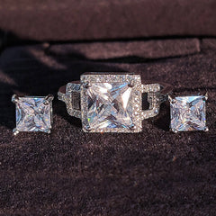 Silver Jewelry Set Halo Engagement Ring Round Stud Wedding Valentine'S Gift