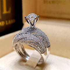 Silver Color Luxury Brand Wedding Ring Set Engagement Anniversary Gift For Ladies