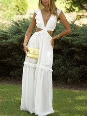 Sexy V-Neck Ruffled Cutout Long Dress