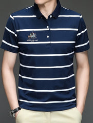 Men's Striped Lapel Cotton Polo Shirt