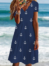 Printed Slim Short Sleeve Wave Neck Skater Dresses