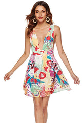 Print V neck Sleeveless Backless Skater Dresses