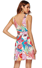 Print V neck Sleeveless Backless Skater Dresses