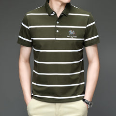 Men's Striped Lapel Cotton Polo Shirt