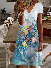 Printed Chic women short sleeve petal collar Shift Dresses